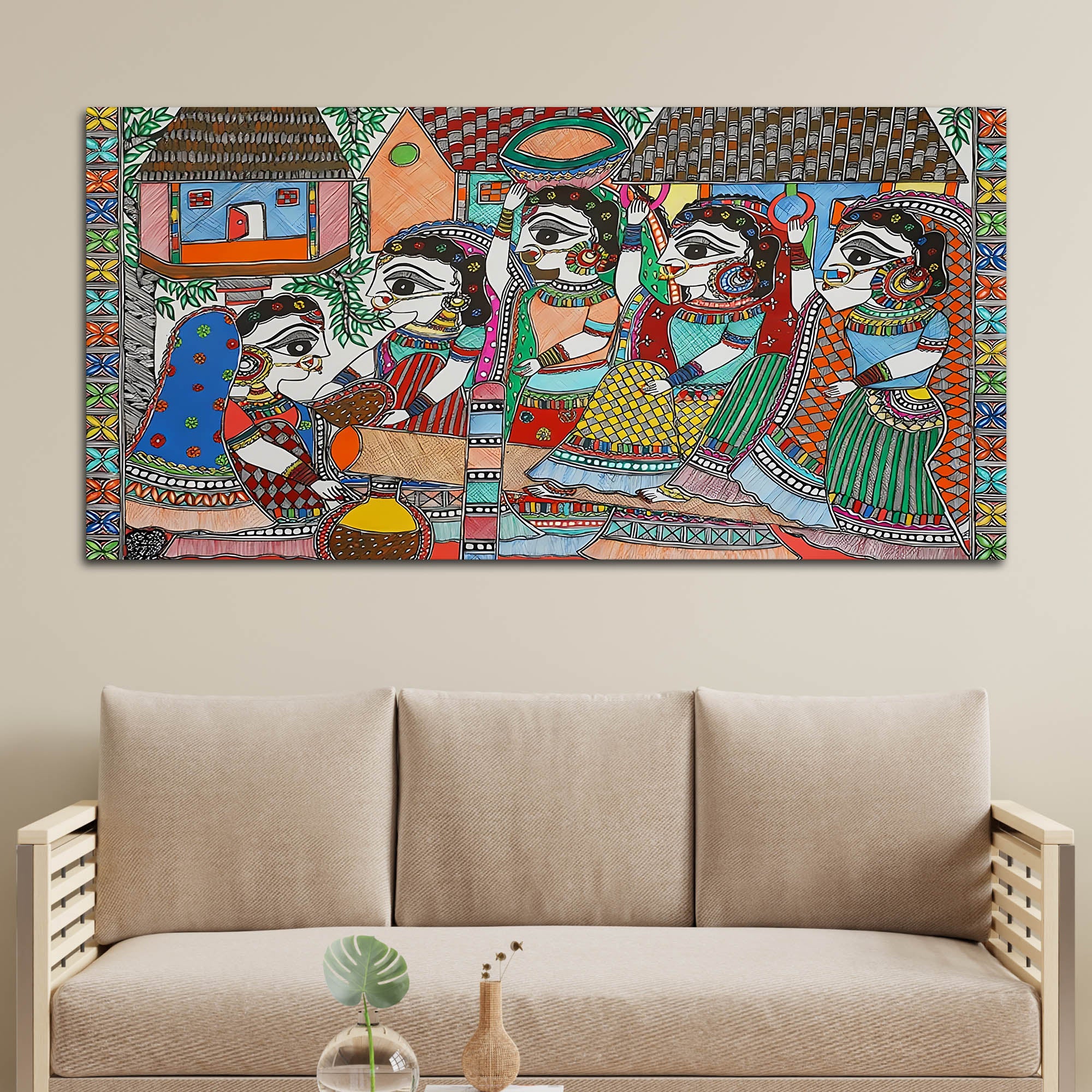 Premium Madhubani Rural Life Canvas Painting - Image 3