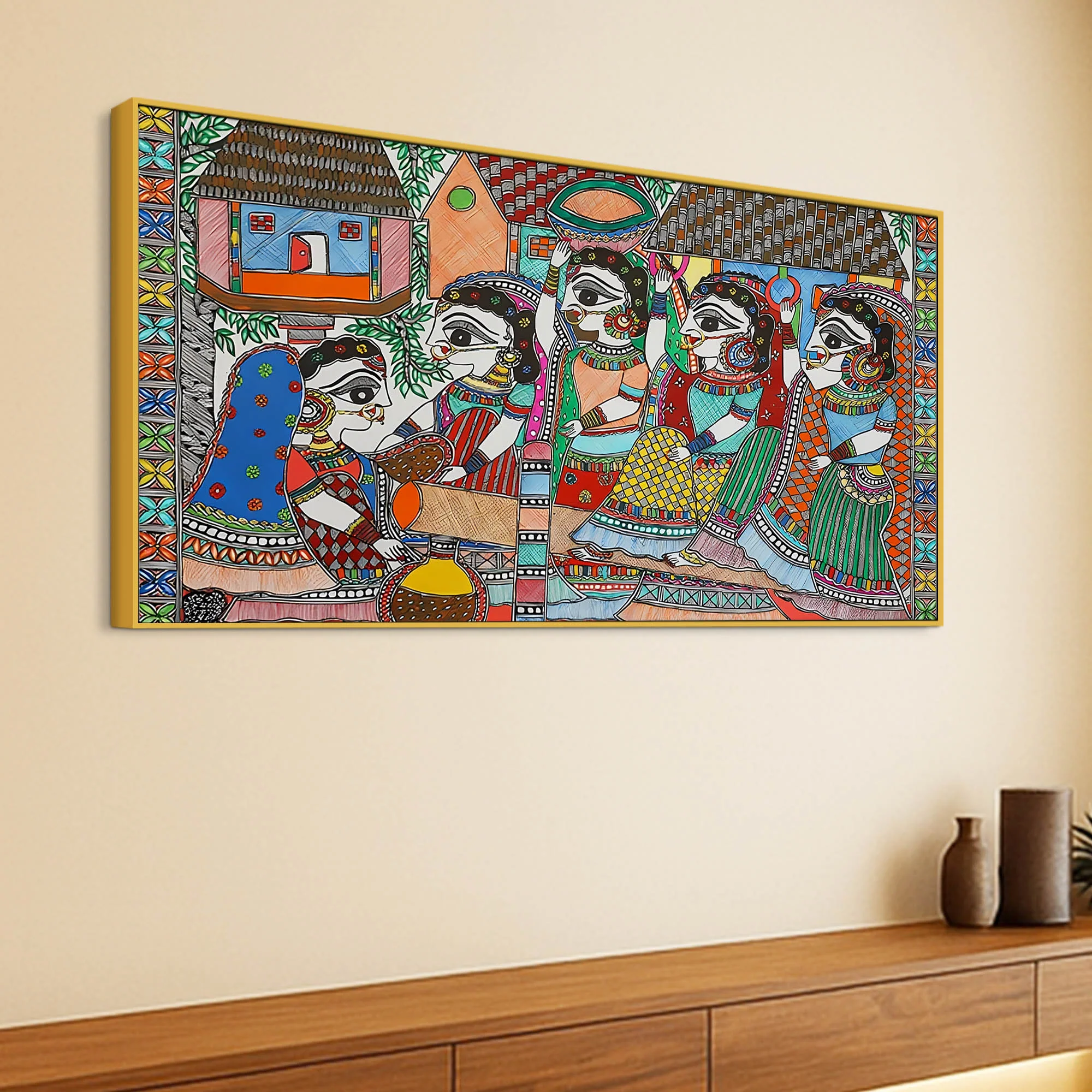 Premium Madhubani Rural Life Canvas Painting - Image 5