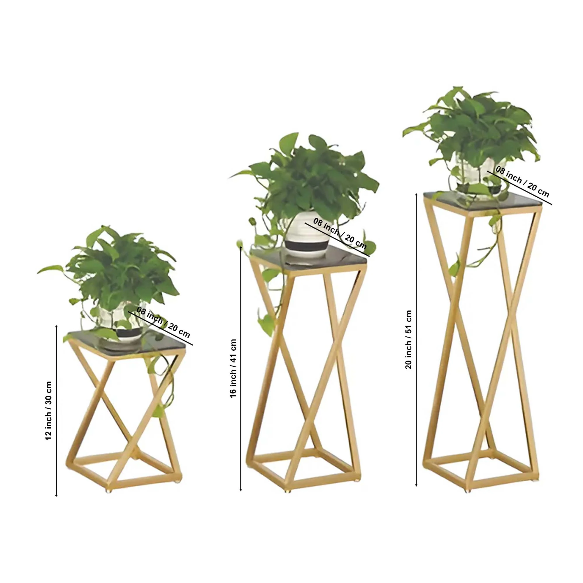 Premium Metal Planter Stand With Black Marble At Top (Set of 3) - Image 5
