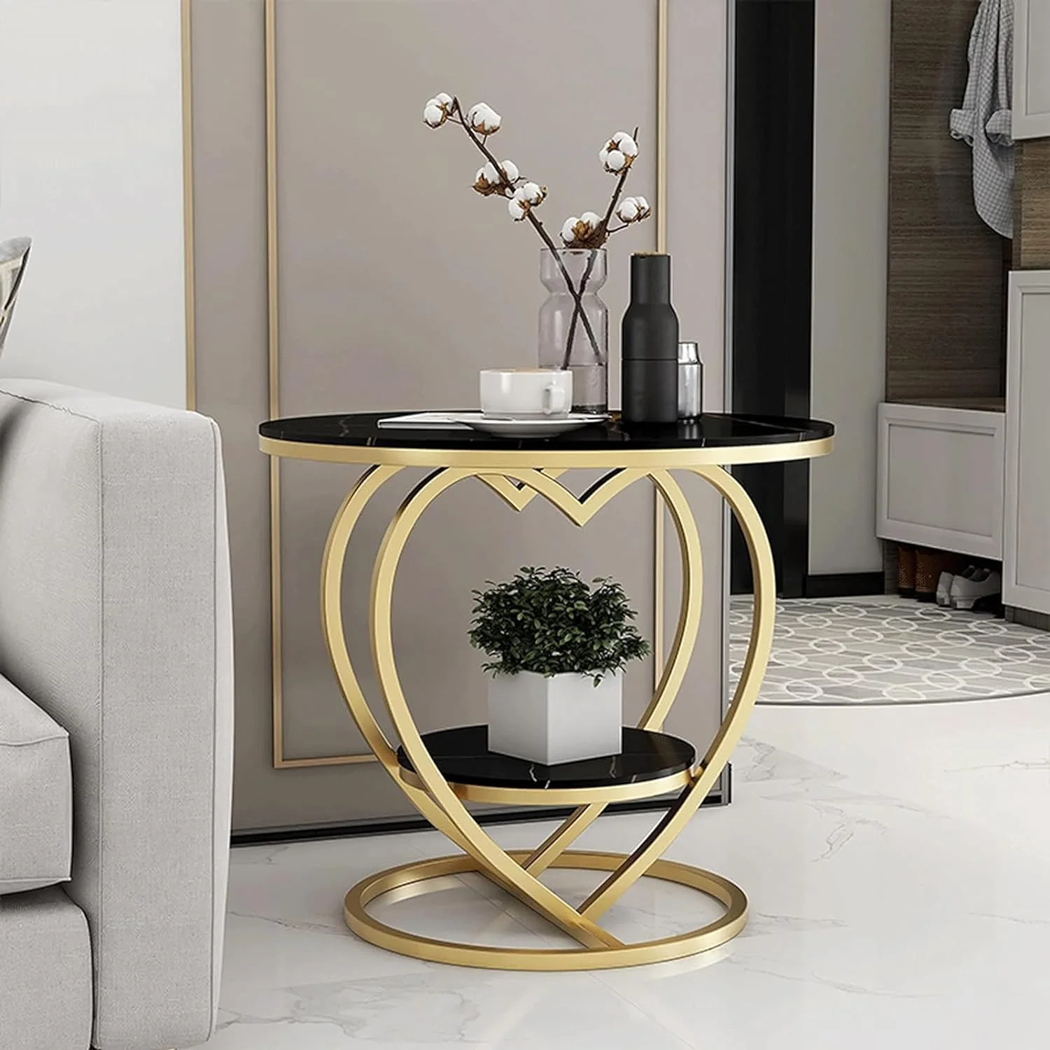 Premium Modern Heart Shaped Golden Metal with Black Marble Night Stand Side Table - Image 2