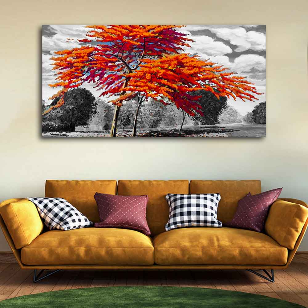 Orange Color Peacock Flowers Tree Premium Wall Painting - Image 2