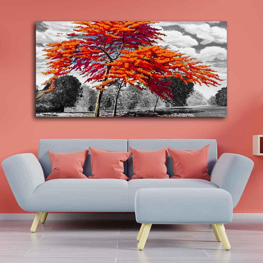 Orange Color Peacock Flowers Tree Premium Wall Painting - Image 3