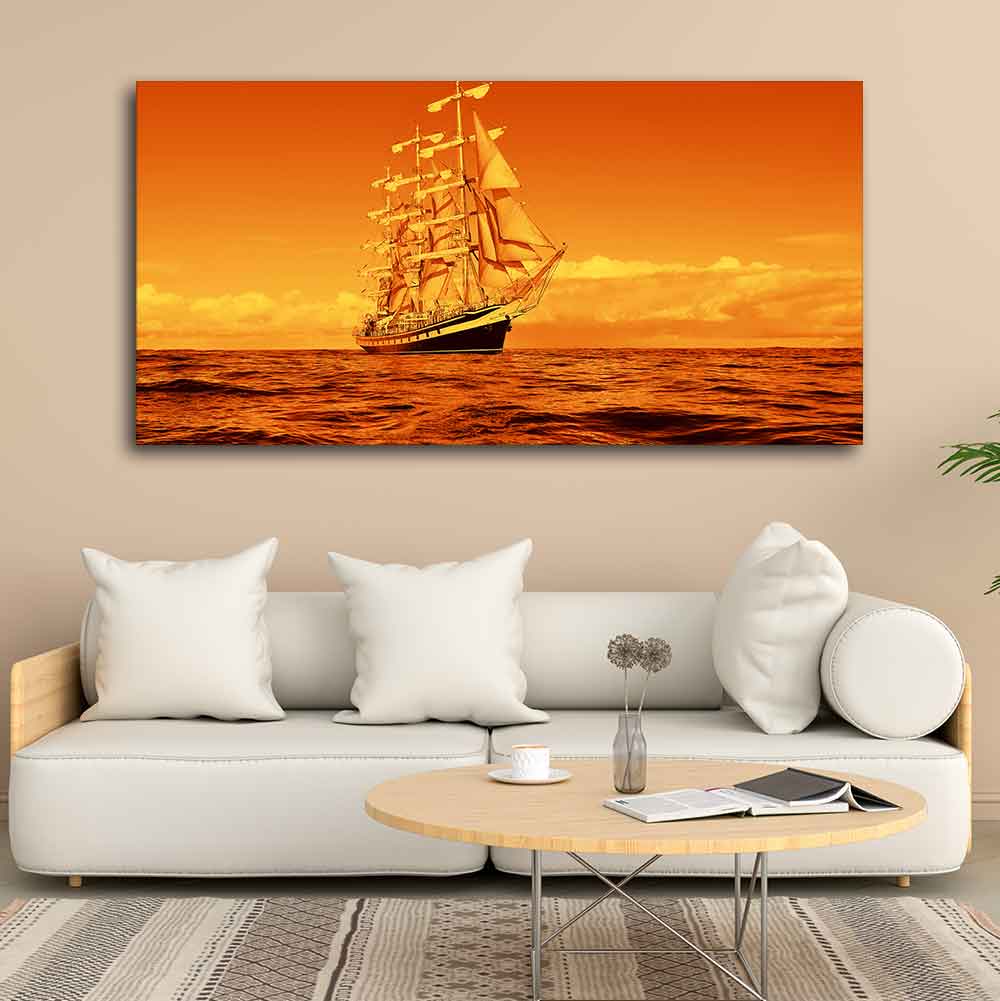 Sailing Ship in a Beautiful Golden Hour Premium Wall Painting - Image 2