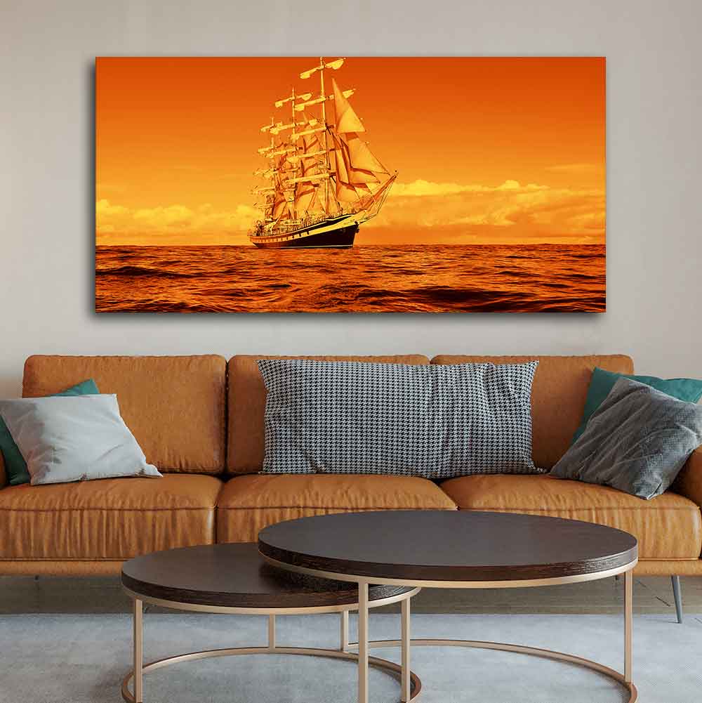 Sailing Ship in a Beautiful Golden Hour Premium Wall Painting - Image 3