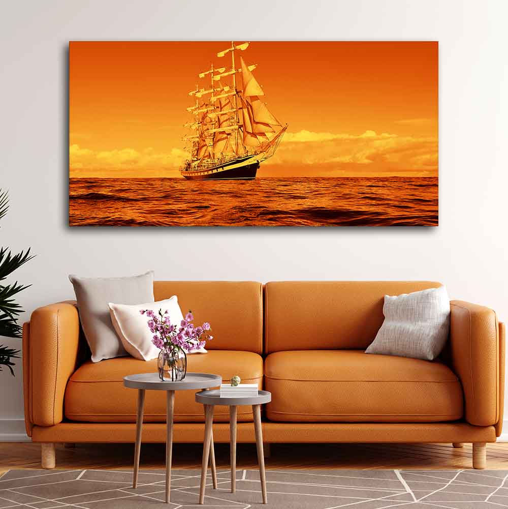 Sailing Ship in a Beautiful Golden Hour Premium Wall Painting - Image 4