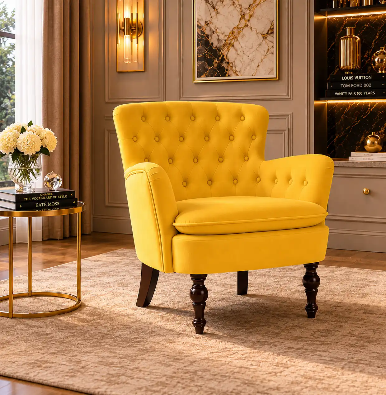 Premium Perfect Cushiony Tufted Super Comfy Yellow Velvet Sofa Lounge Chair - Image 3