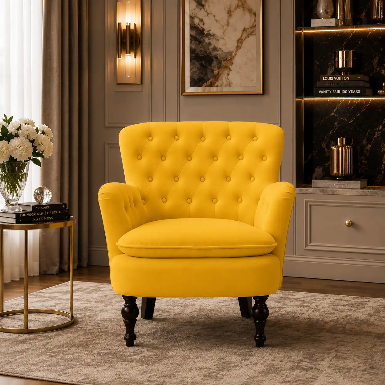 Premium Perfect Cushiony Tufted Super Comfy Yellow Velvet Sofa Lounge Chair - Image 4