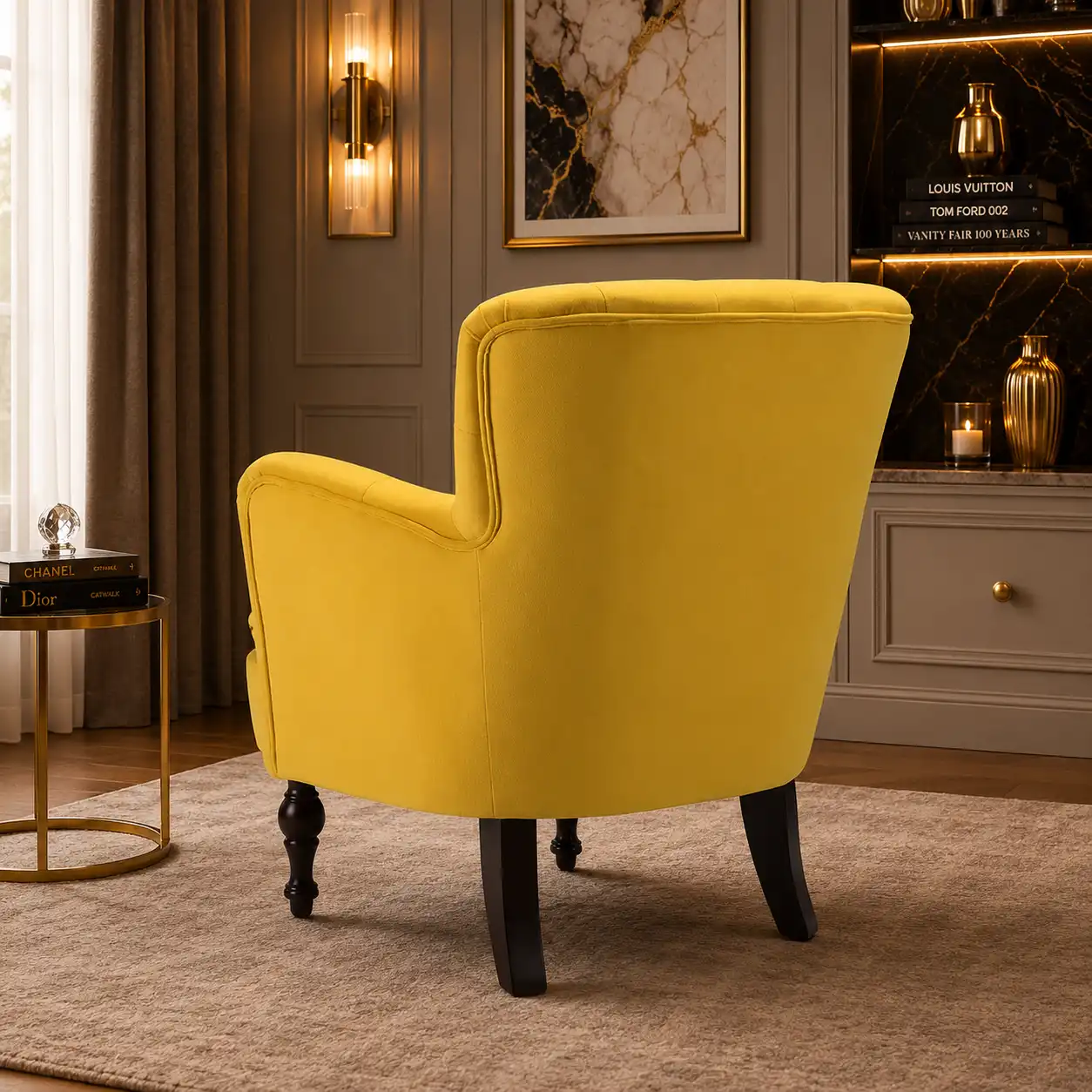 Premium Perfect Cushiony Tufted Super Comfy Yellow Velvet Sofa Lounge Chair - Image 5