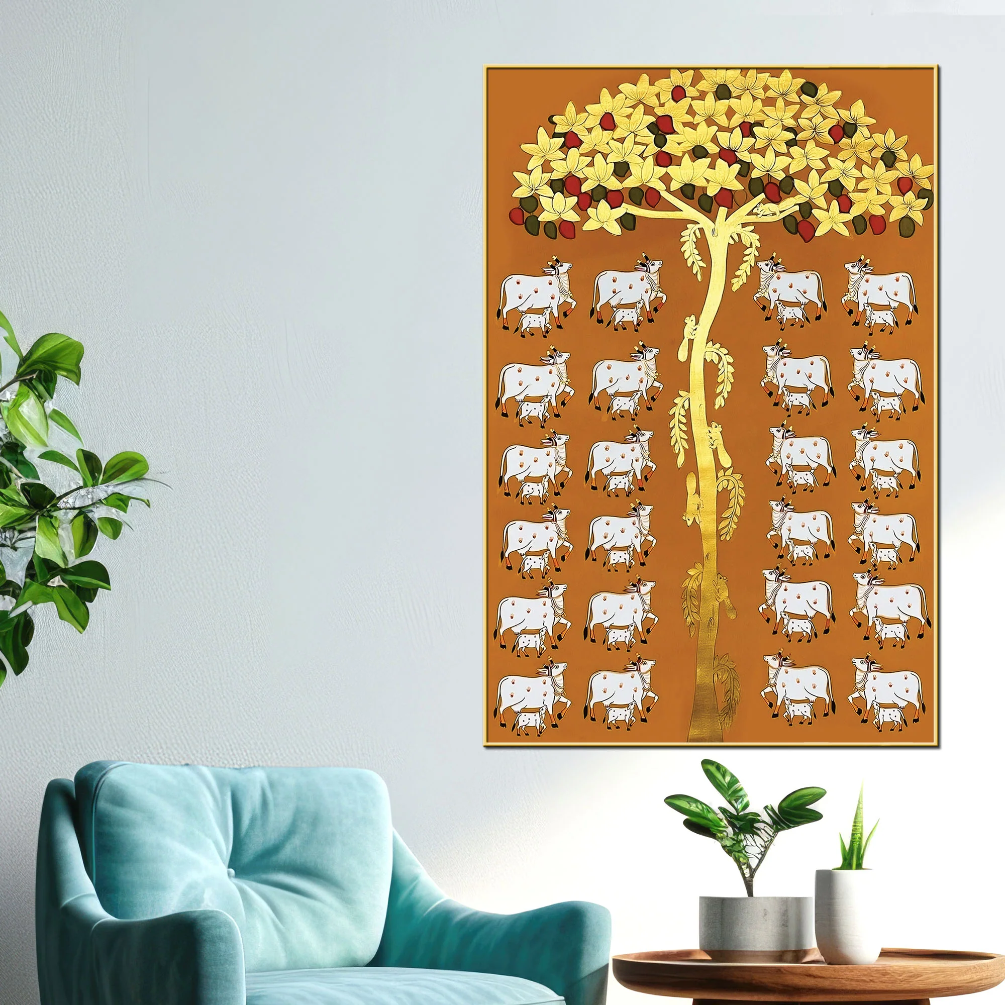 Premium Pichwai Cow Tree Wall Painting | Indian Traditional Canvas Decor - Image 2