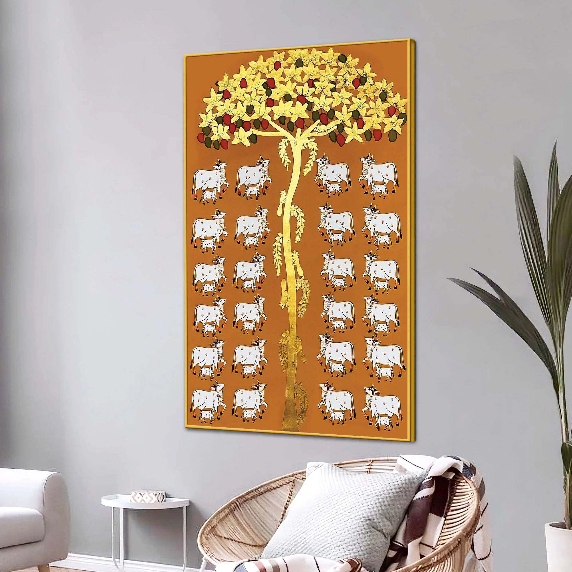 Premium Pichwai Cow Tree Wall Painting | Indian Traditional Canvas Decor - Image 3