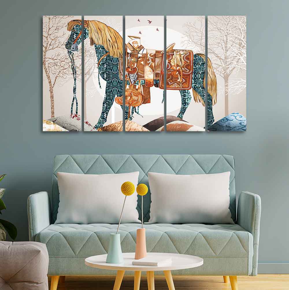 Premium Quality Wall Painting of Patterned Horse of Five Pieces - Image 2