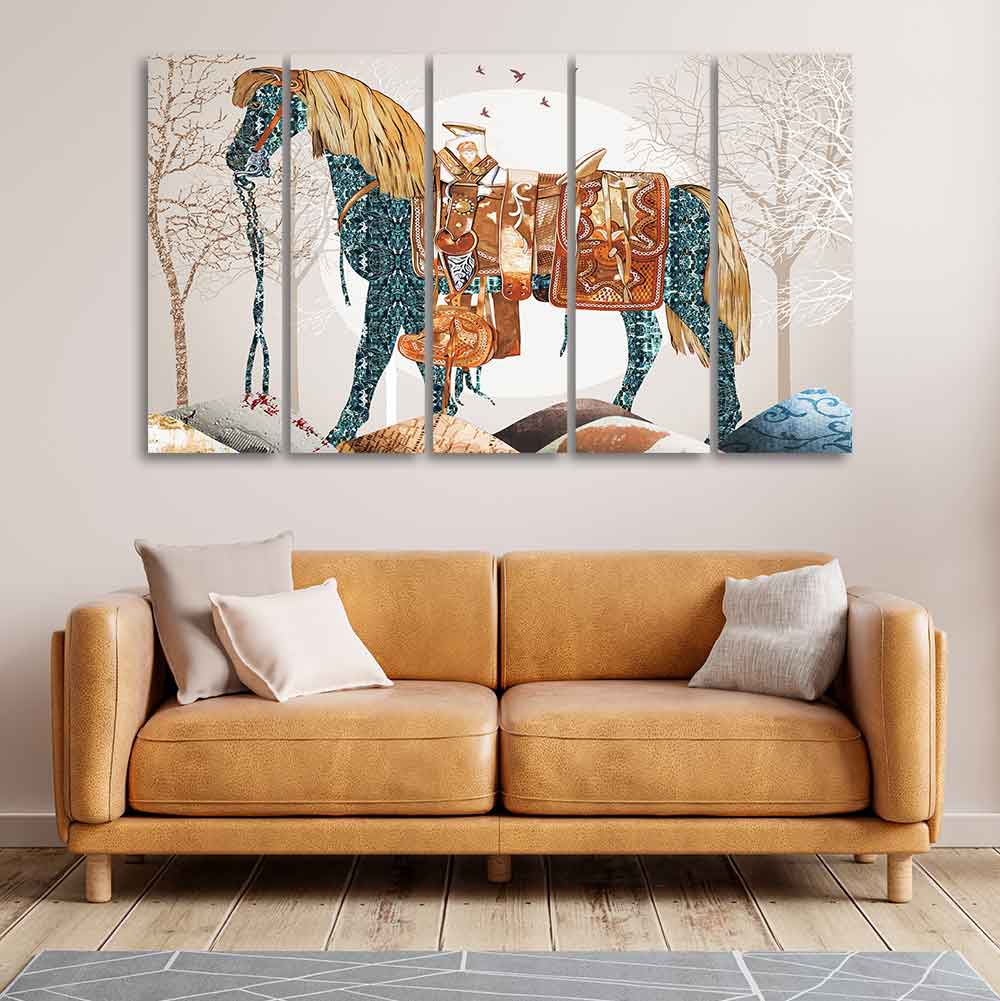Premium Quality Wall Painting of Patterned Horse of Five Pieces - Image 3