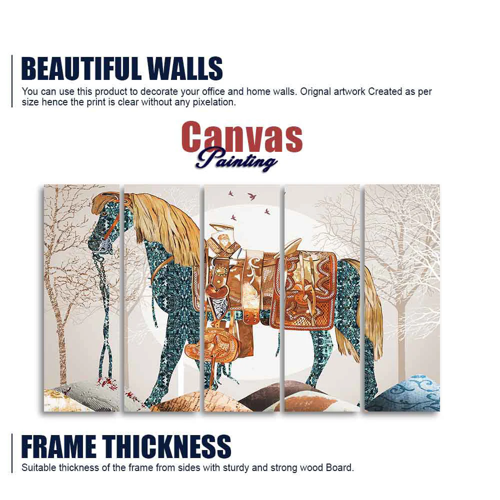 Premium Quality Wall Painting of Patterned Horse of Five Pieces - Image 5