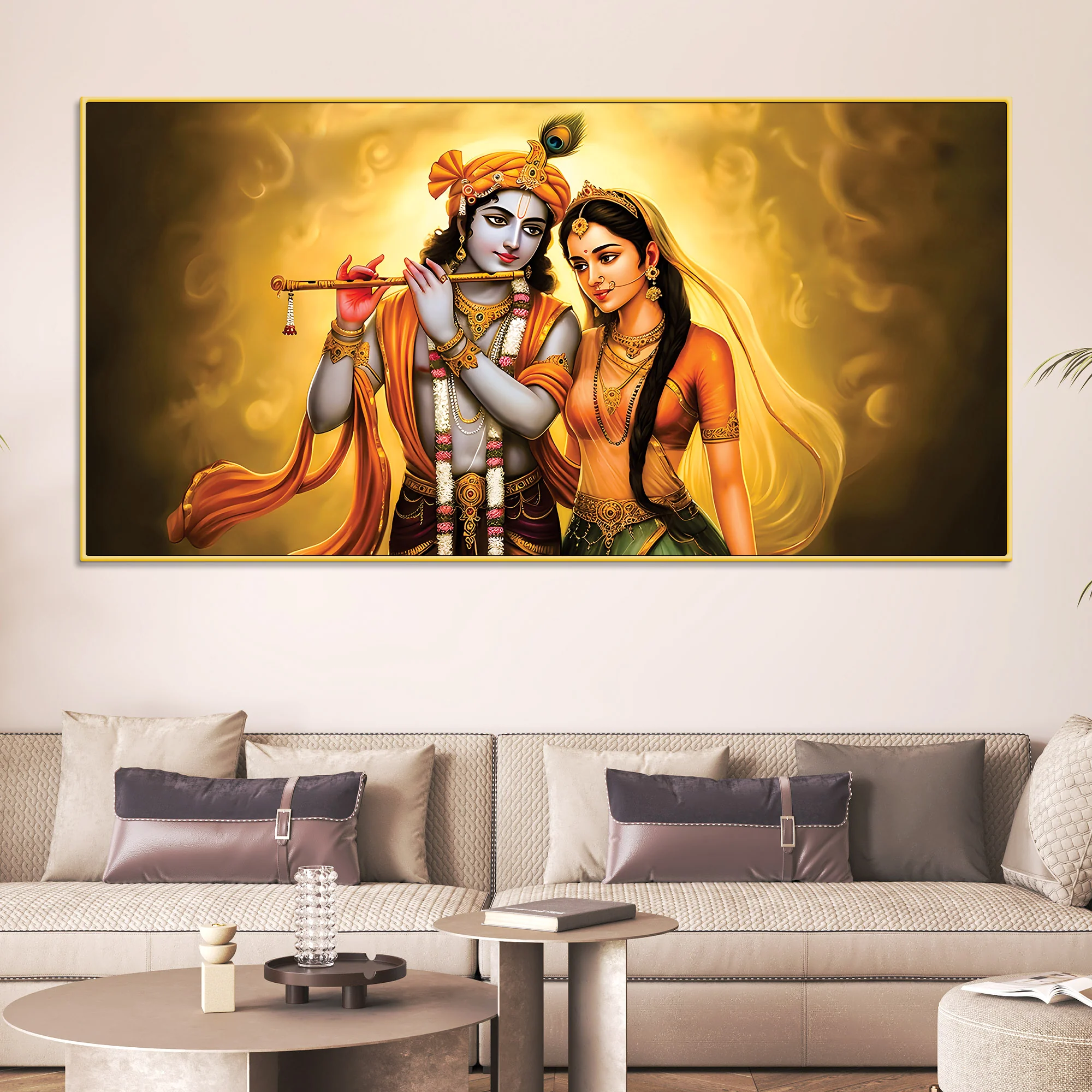Premium Radha Krishna Devotional Painting with Golden Glow