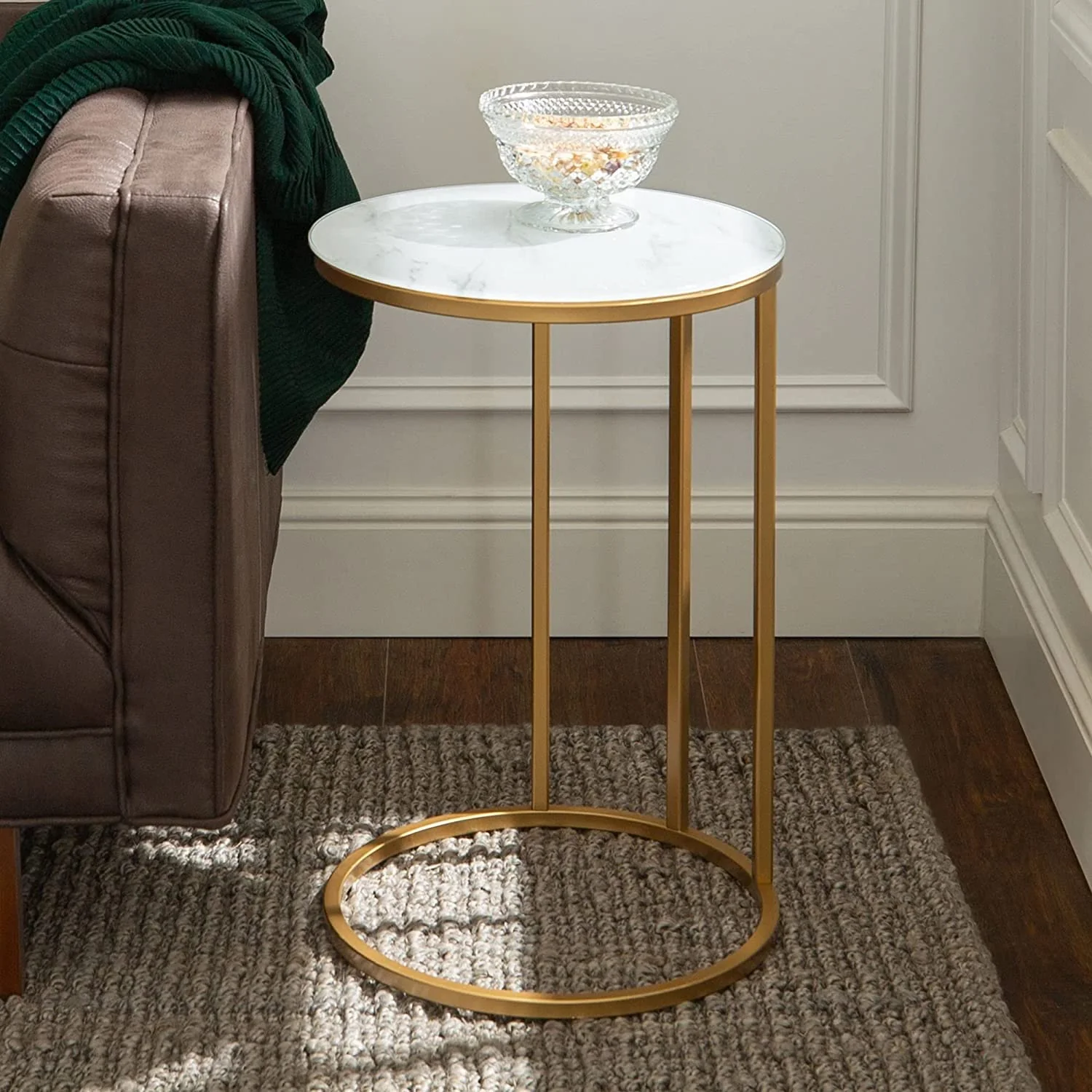 Premium Round Side Table for Small Spaces Nightstand with Golden Metal Finish - Image 2
