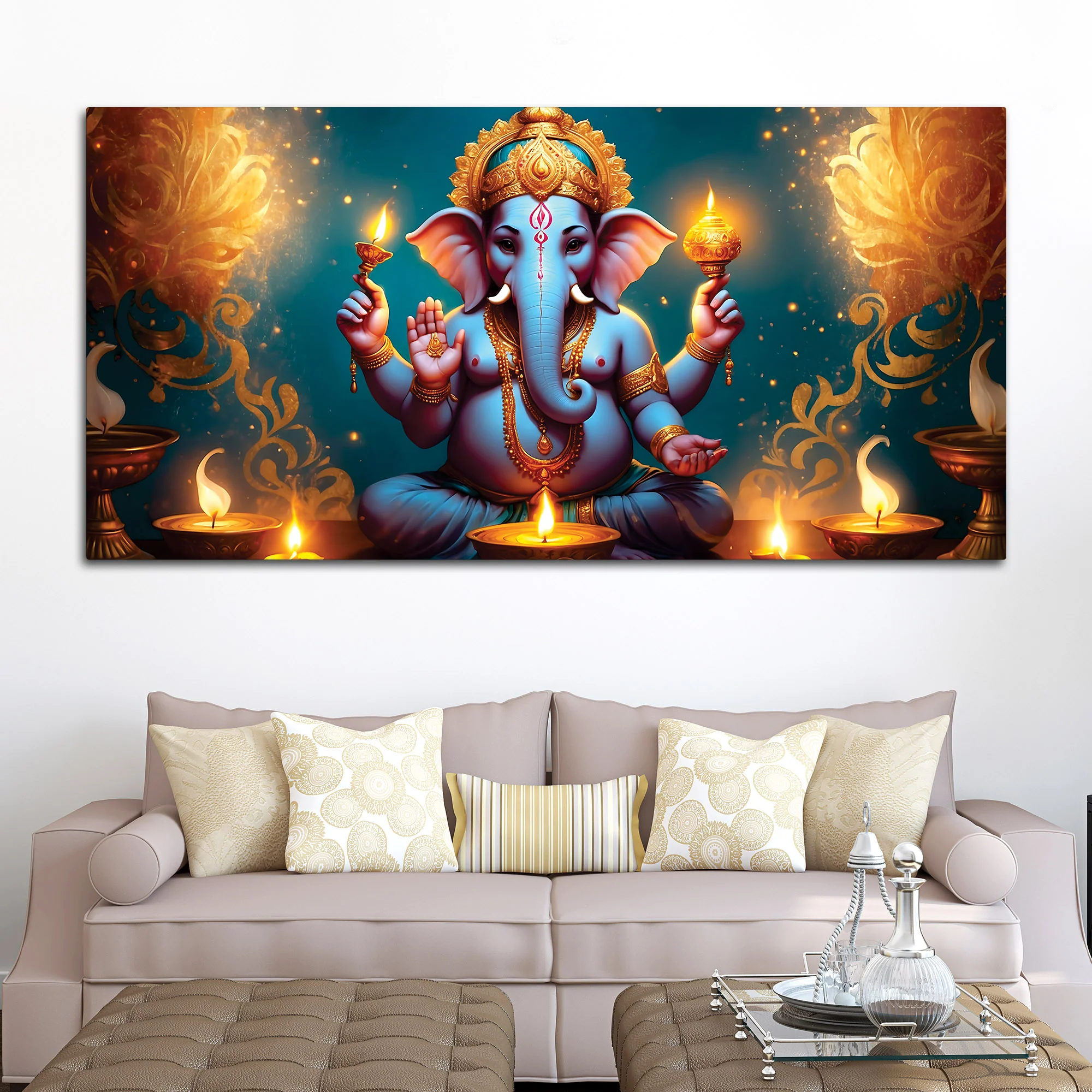 Premium Spiritual Lord Shri Ganesha Sitted with Diyas Devotional Canvas Wall Painting for Home & Offices – Luxury Spiritual Décor - Image 2