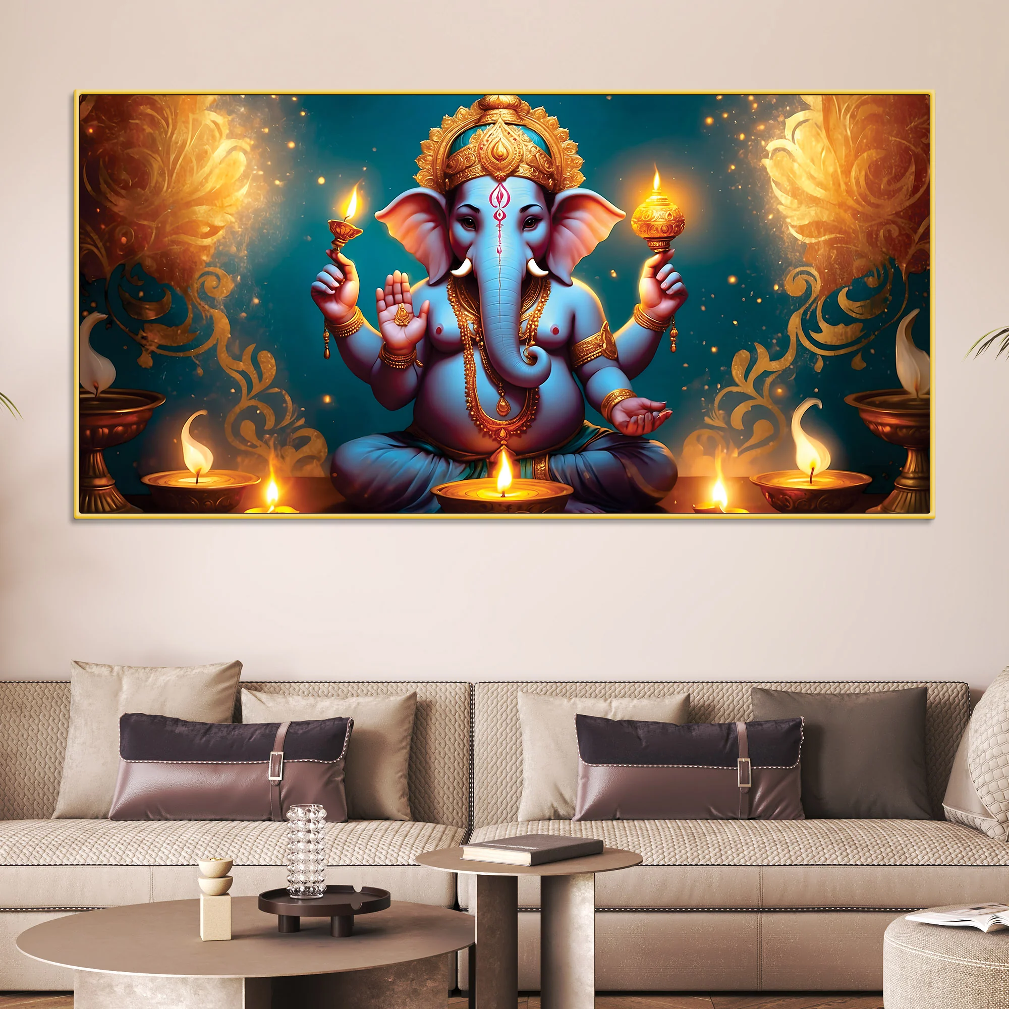 Premium Spiritual Lord Shri Ganesha Sitted with Diyas Devotional Canvas Wall Painting for Home & Offices – Luxury Spiritual Décor - Image 3