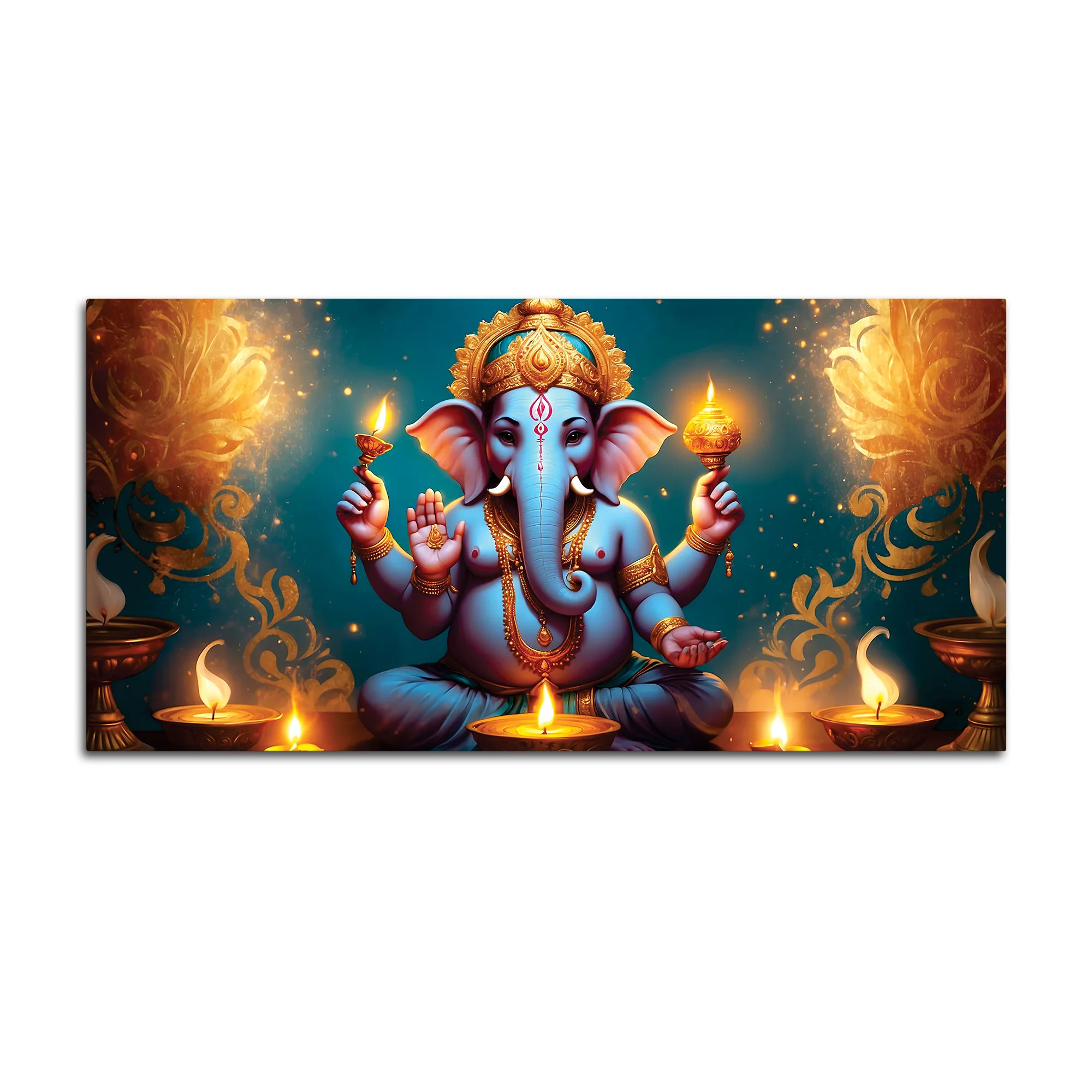 Premium Spiritual Lord Shri Ganesha Sitted with Diyas Devotional Canvas Wall Painting for Home & Offices – Luxury Spiritual Décor - Image 4
