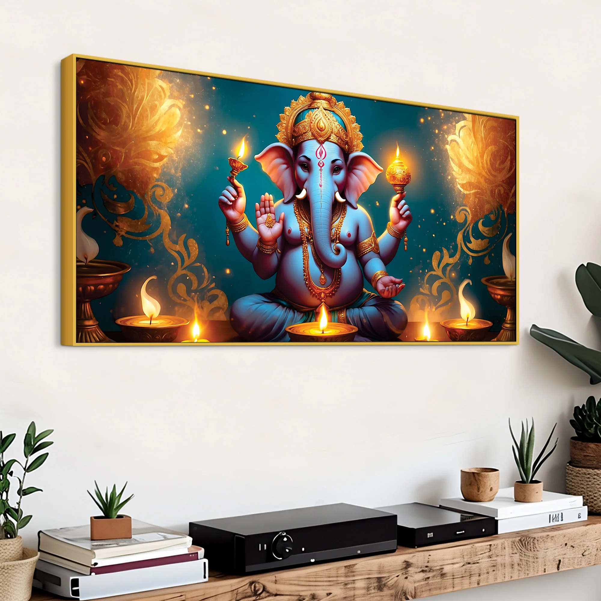 Premium Spiritual Lord Shri Ganesha Sitted with Diyas Devotional Canvas Wall Painting for Home & Offices – Luxury Spiritual Décor - Image 5
