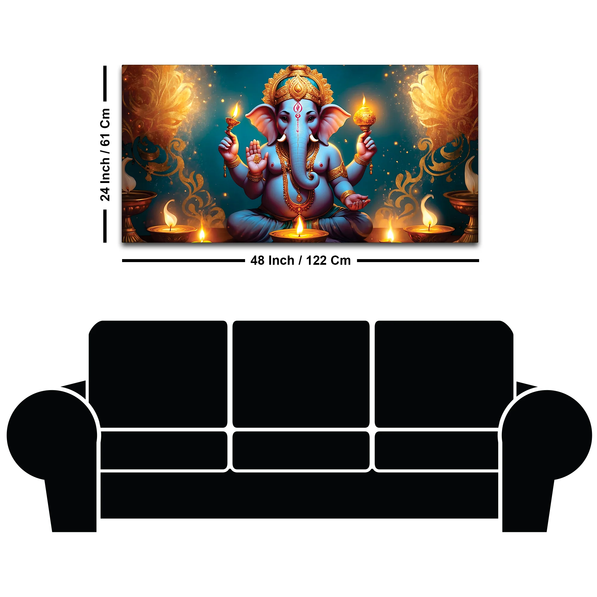 Premium Spiritual Lord Shri Ganesha Sitted with Diyas Devotional Canvas Wall Painting for Home & Offices – Luxury Spiritual Décor - Image 8
