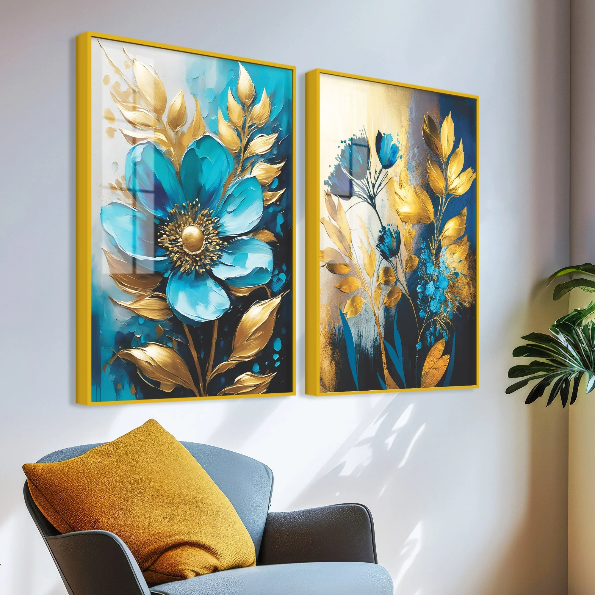 Premium Textural Blue Flower Artistic Acrylic Floating Wall Painting Set Of 2 - Image 3