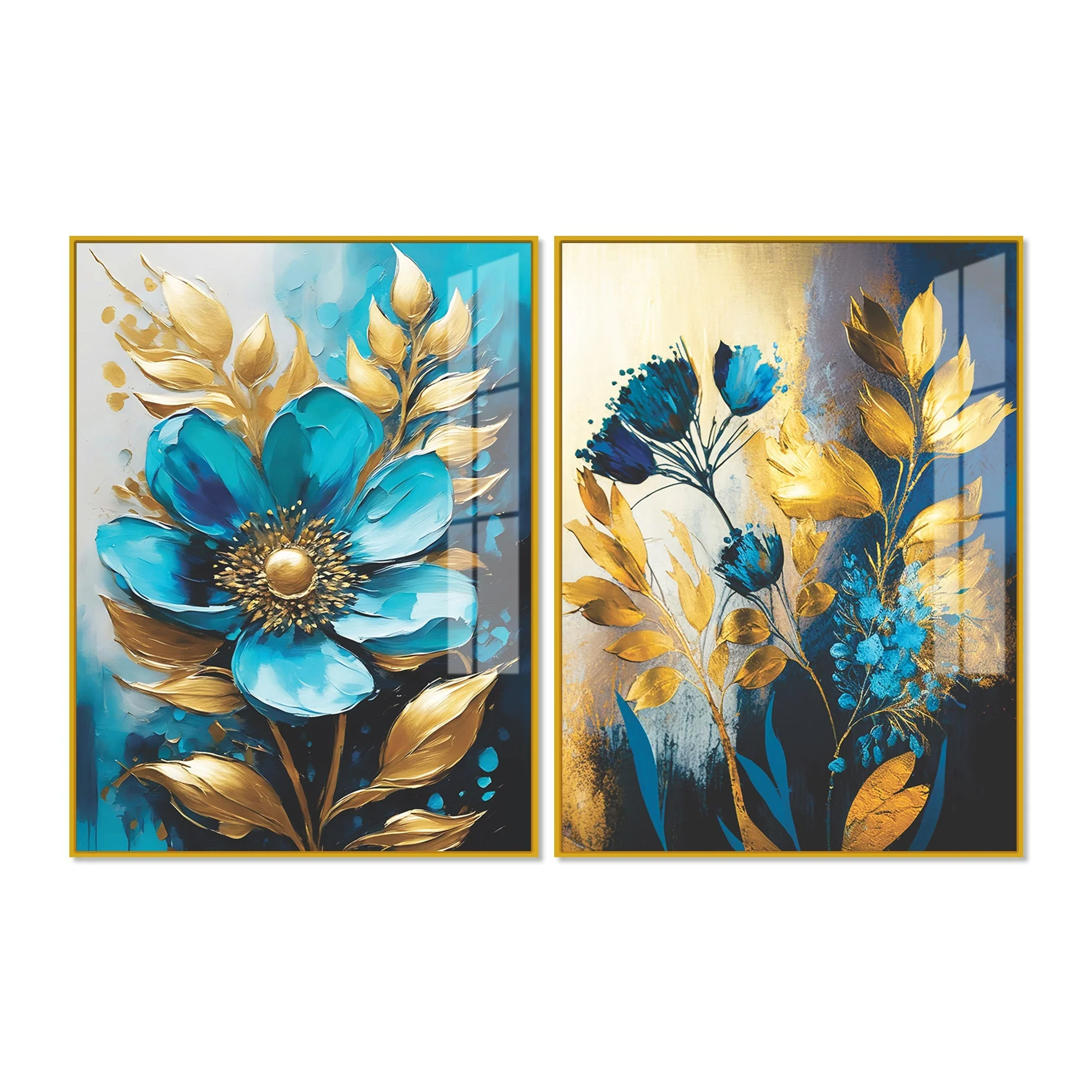 Premium Textural Blue Flower Artistic Acrylic Floating Wall Painting Set Of 2 - Image 5