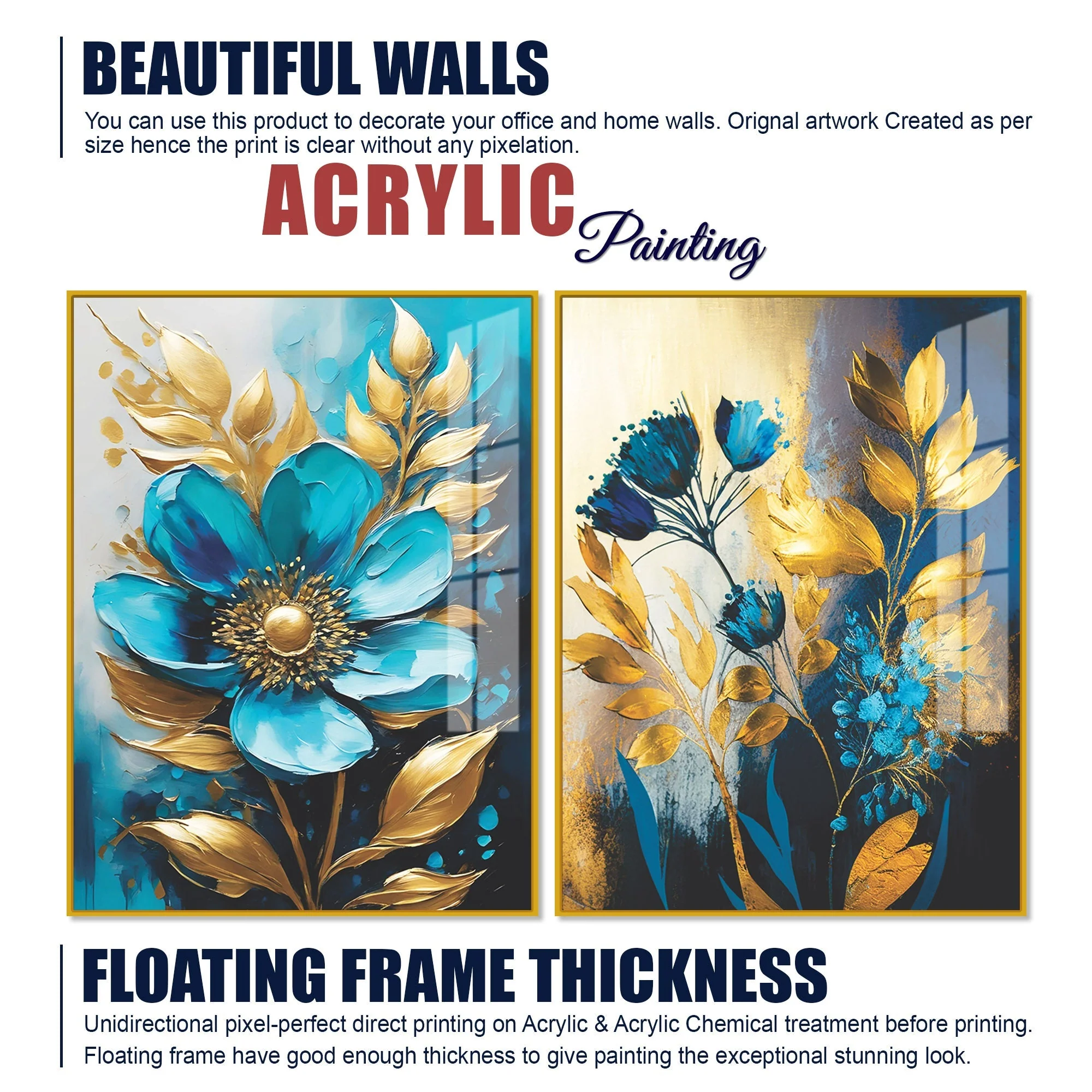 Premium Textural Blue Flower Artistic Acrylic Floating Wall Painting Set Of 2 - Image 6