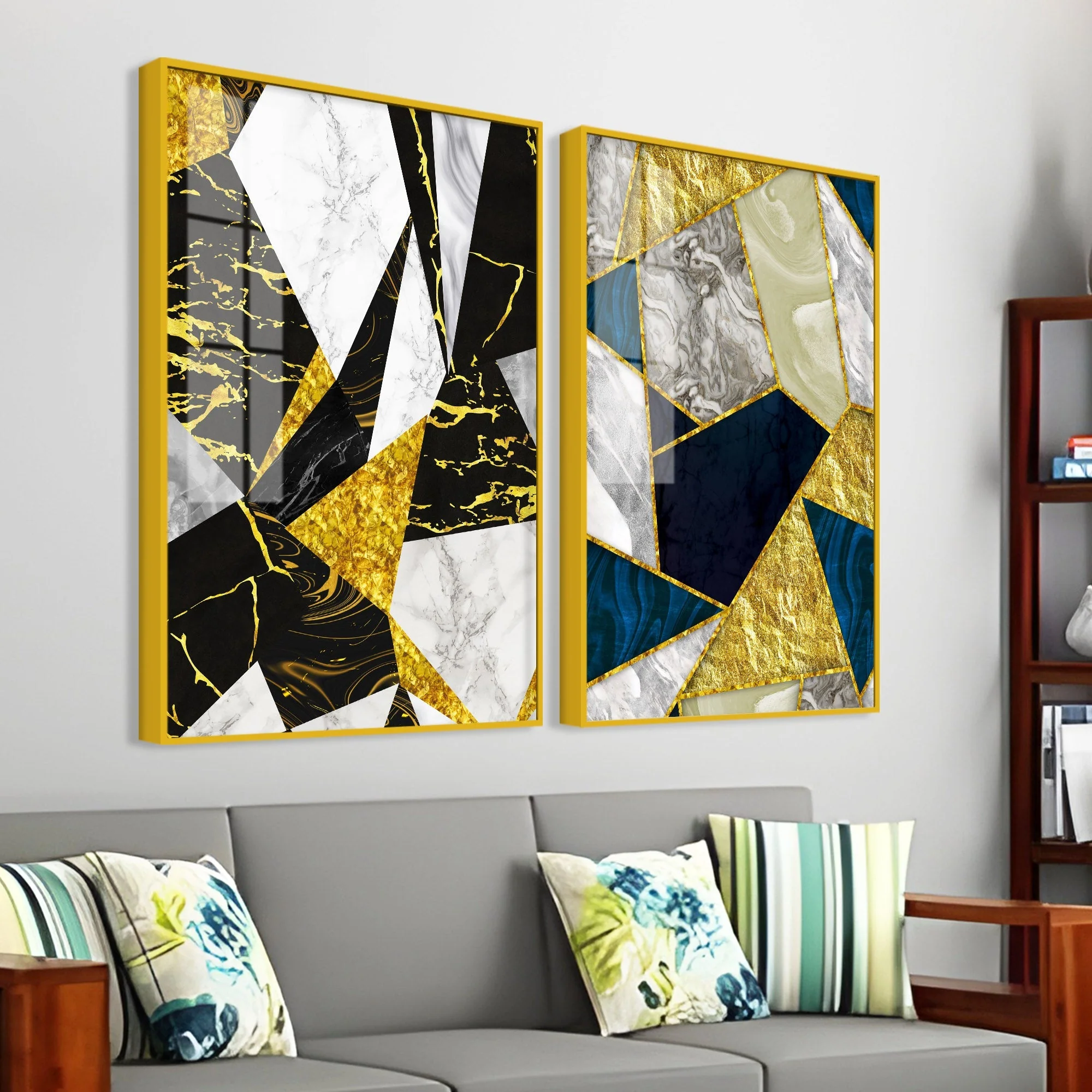 Premium Triangle Pattern Shapes Acrylic Floating Wall Painting Set Of 2 - Image 3