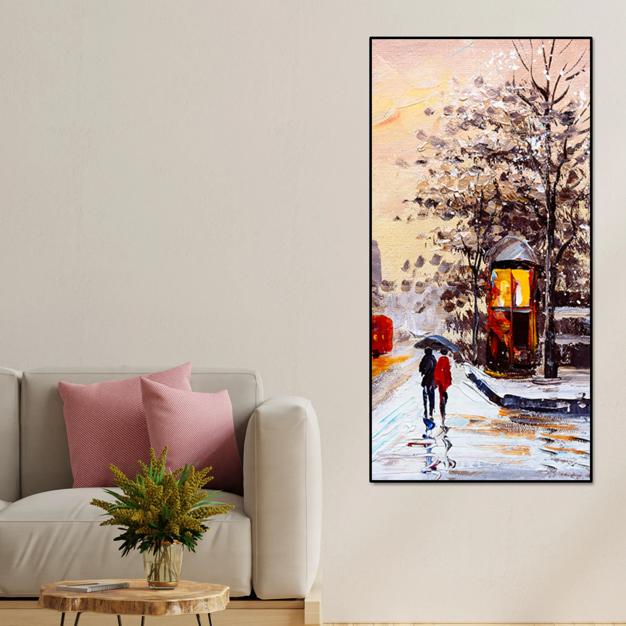 Premium Wall Canvas Painting of a Couple Walking in Snowfall - Image 2