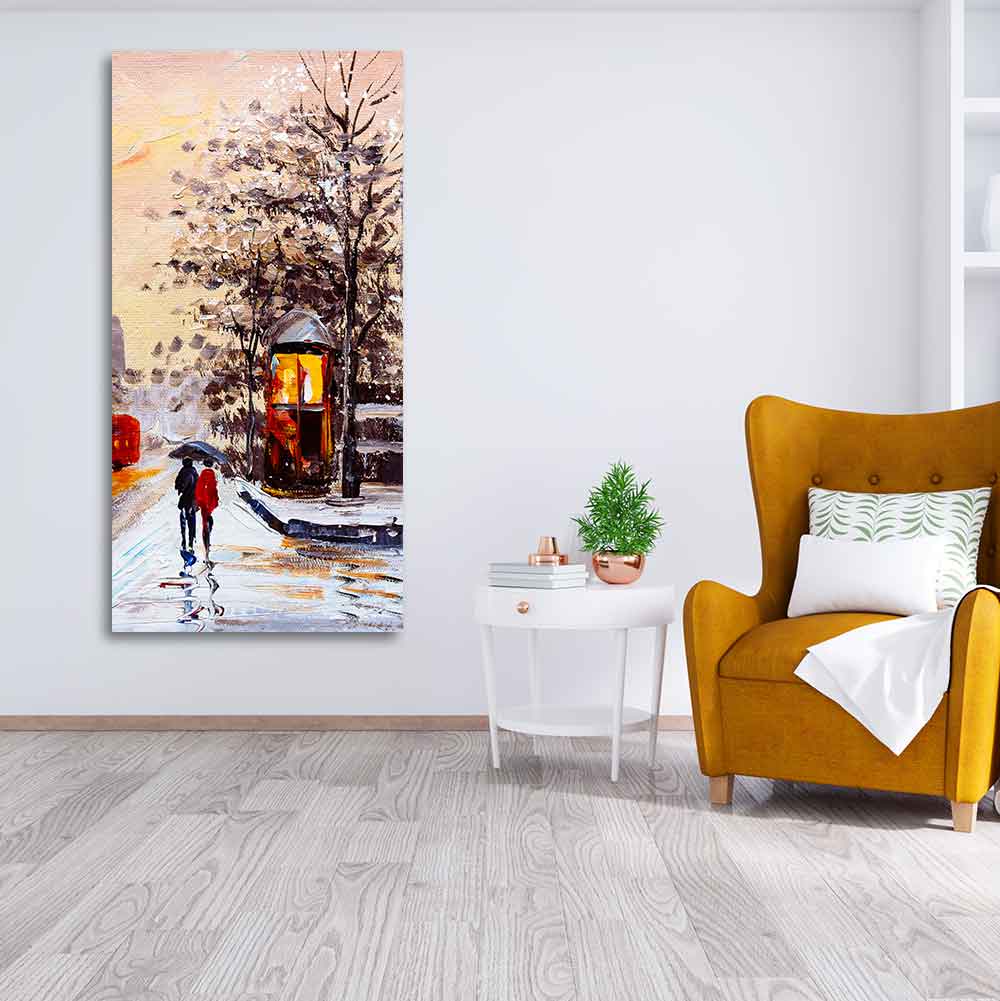 Premium Wall Canvas Painting of a Couple Walking in Snowfall - Image 3