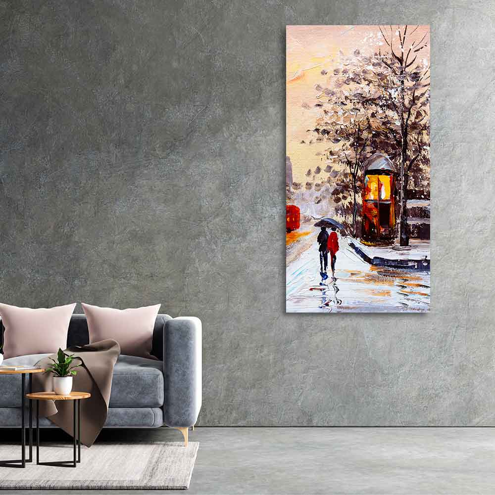 Premium Wall Canvas Painting of a Couple Walking in Snowfall - Image 5