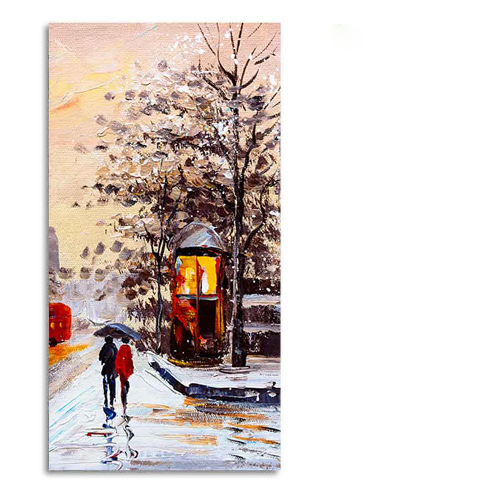 Premium Wall Canvas Painting of a Couple Walking in Snowfall - Image 6