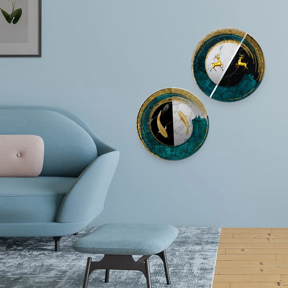 Premium Wall Hanging Plates of Golden Fish and Deers Set of Two - Image 2