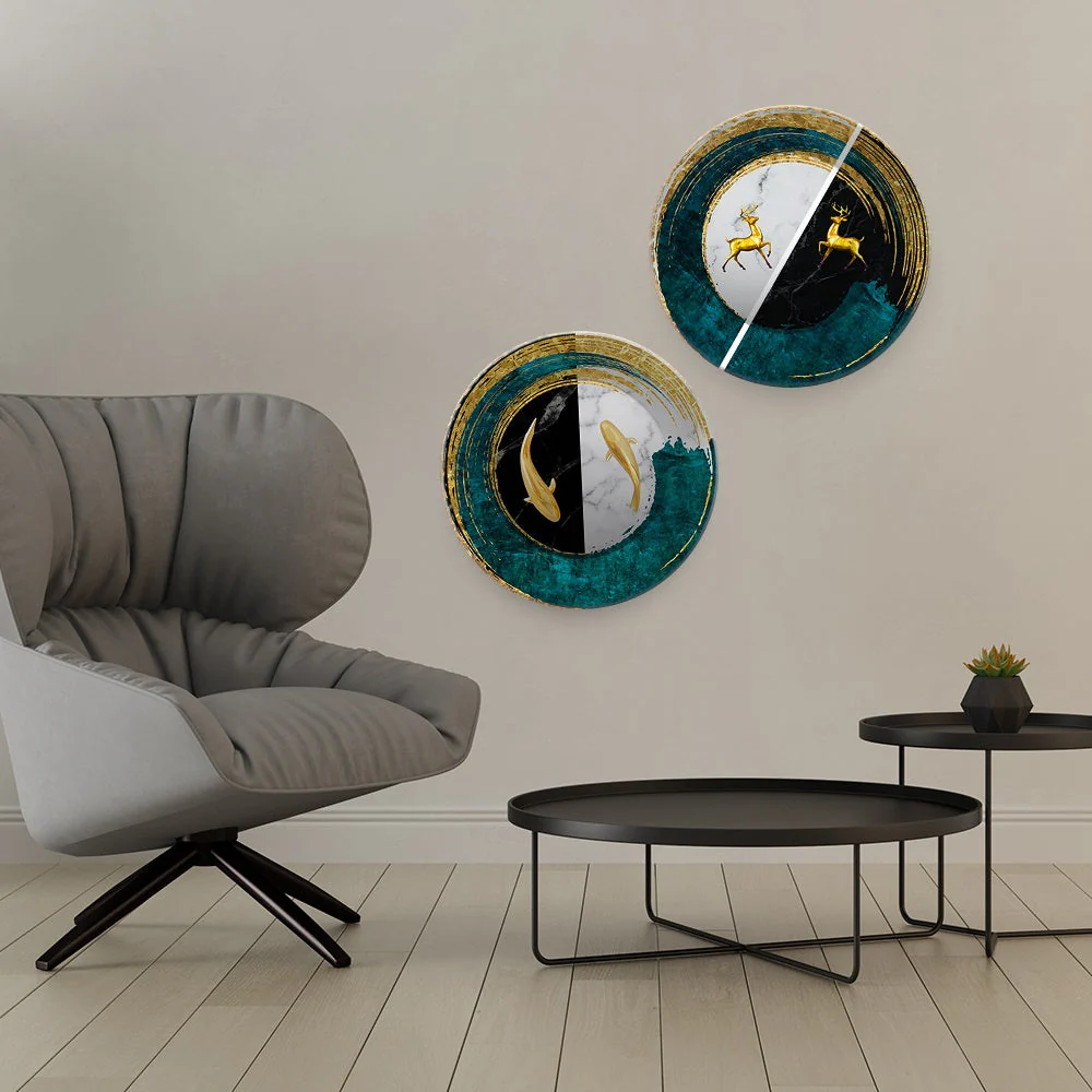 Premium Wall Hanging Plates of Golden Fish and Deers Set of Two - Image 3