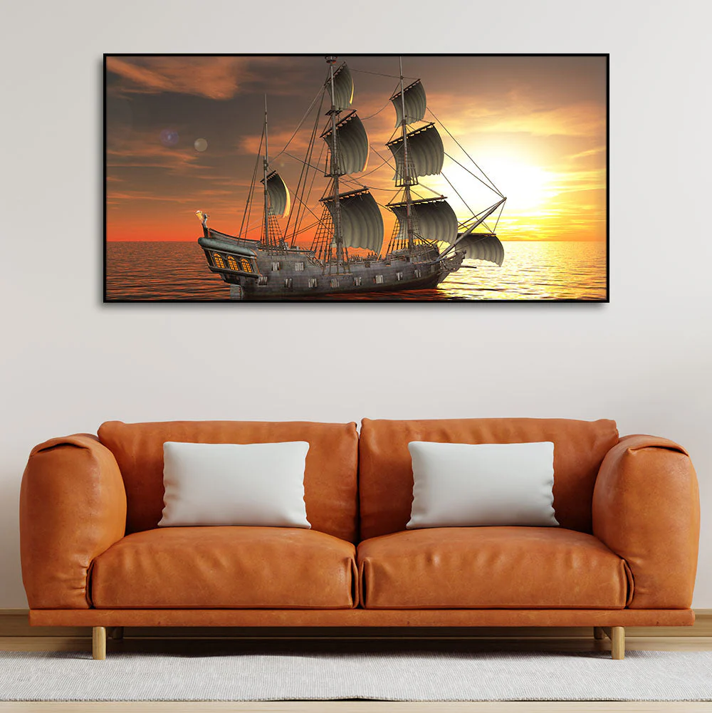 Premium Wall Painting of 3D Sailing Ship in Sunset - Image 3