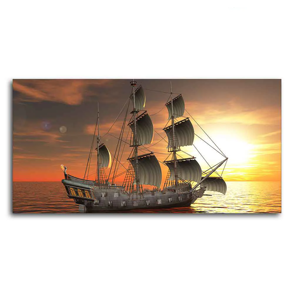 Premium Wall Painting of 3D Sailing Ship in Sunset - Image 4