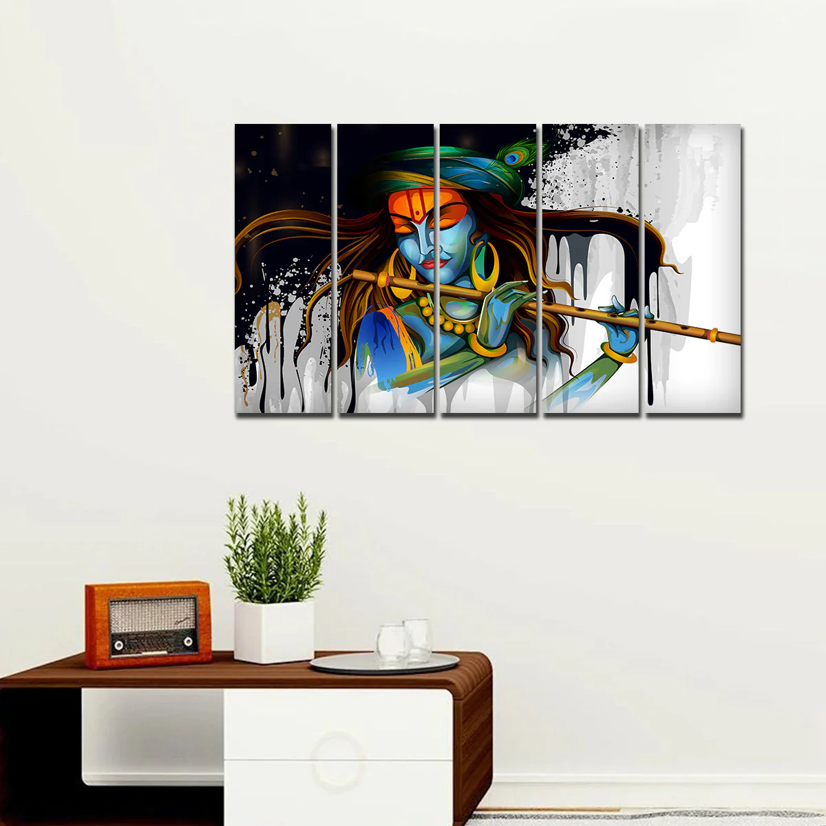 Premium Wall Painting of 5 Pieces Lord Krishna Playing Flute - Image 2