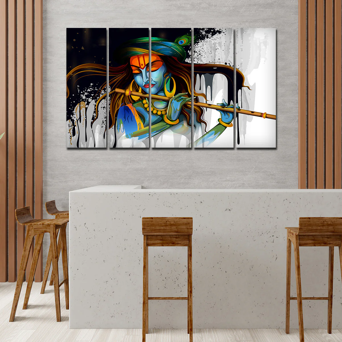 Premium Wall Painting of 5 Pieces Lord Krishna Playing Flute - Image 3
