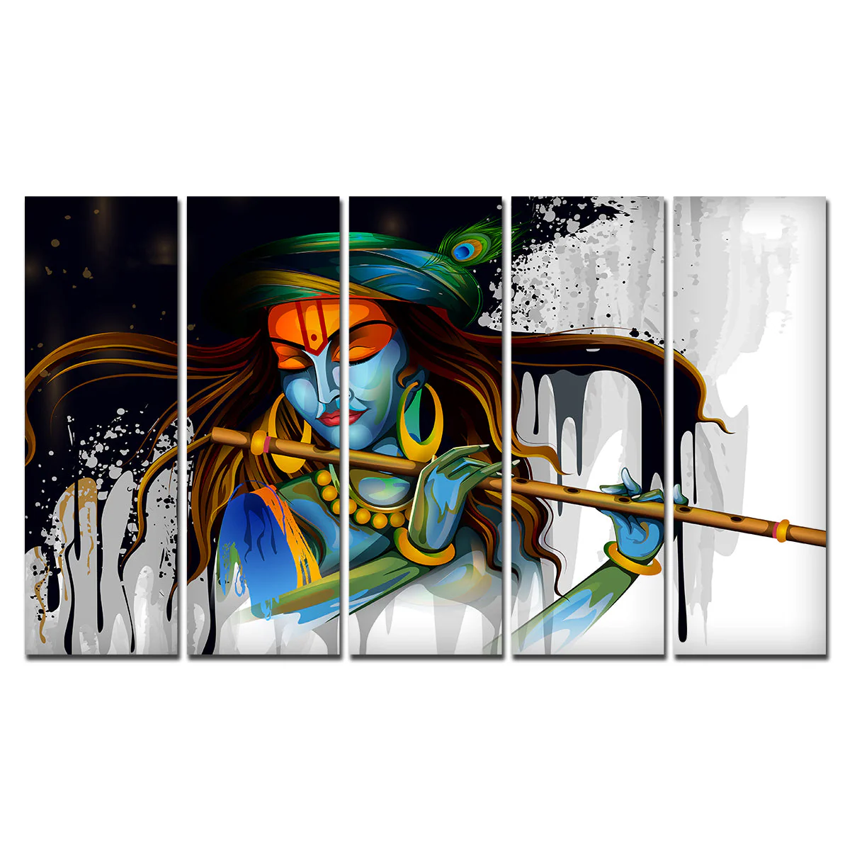 Premium Wall Painting of 5 Pieces Lord Krishna Playing Flute - Image 4