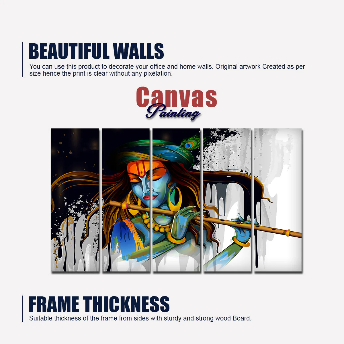 Premium Wall Painting of 5 Pieces Lord Krishna Playing Flute - Image 5
