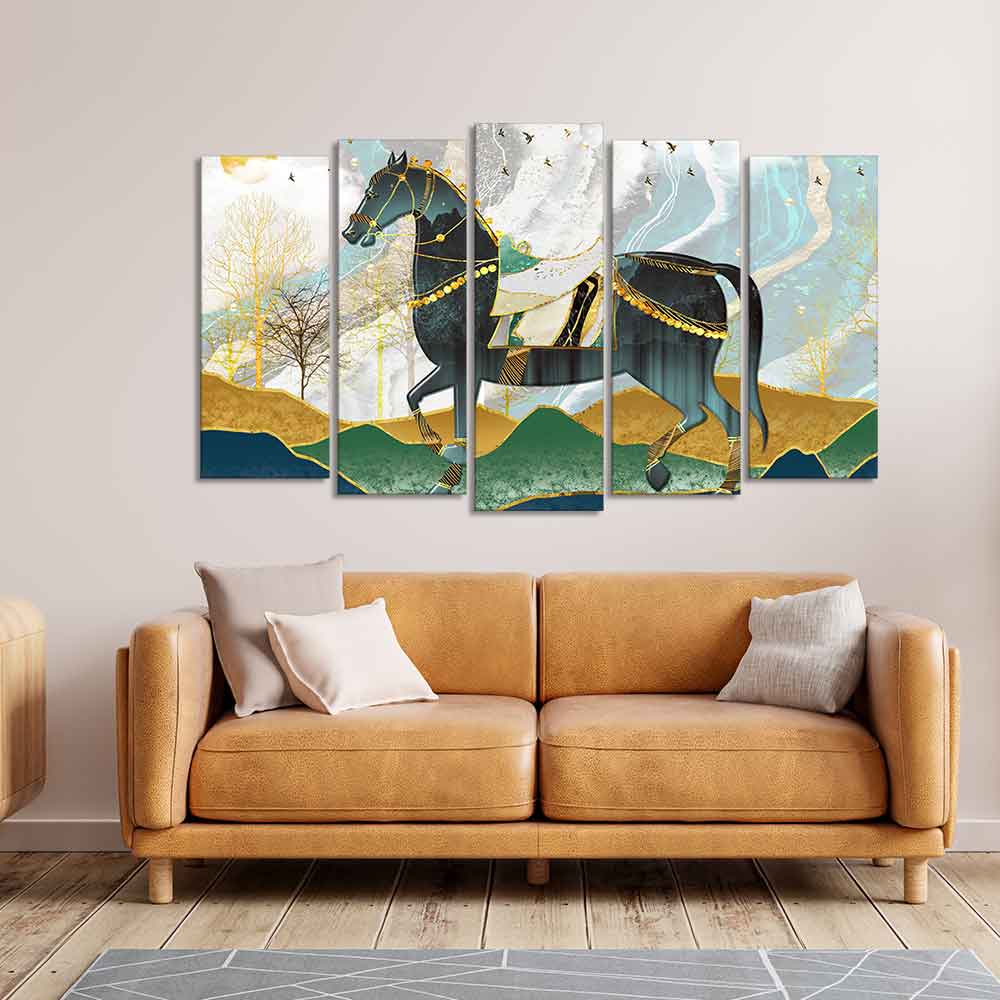 Premium Wall Painting of Horse and Golden trees of Five Pieces - Image 2