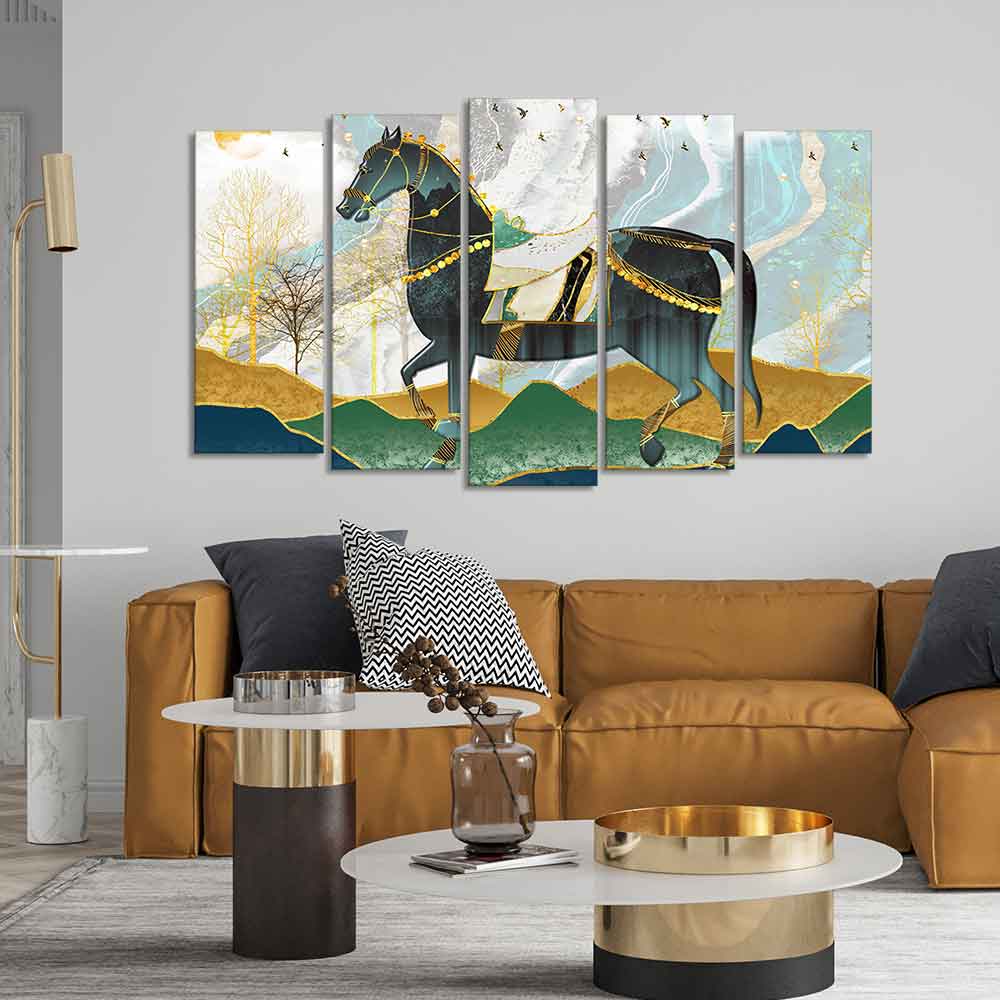 Premium Wall Painting of Horse and Golden trees of Five Pieces - Image 3