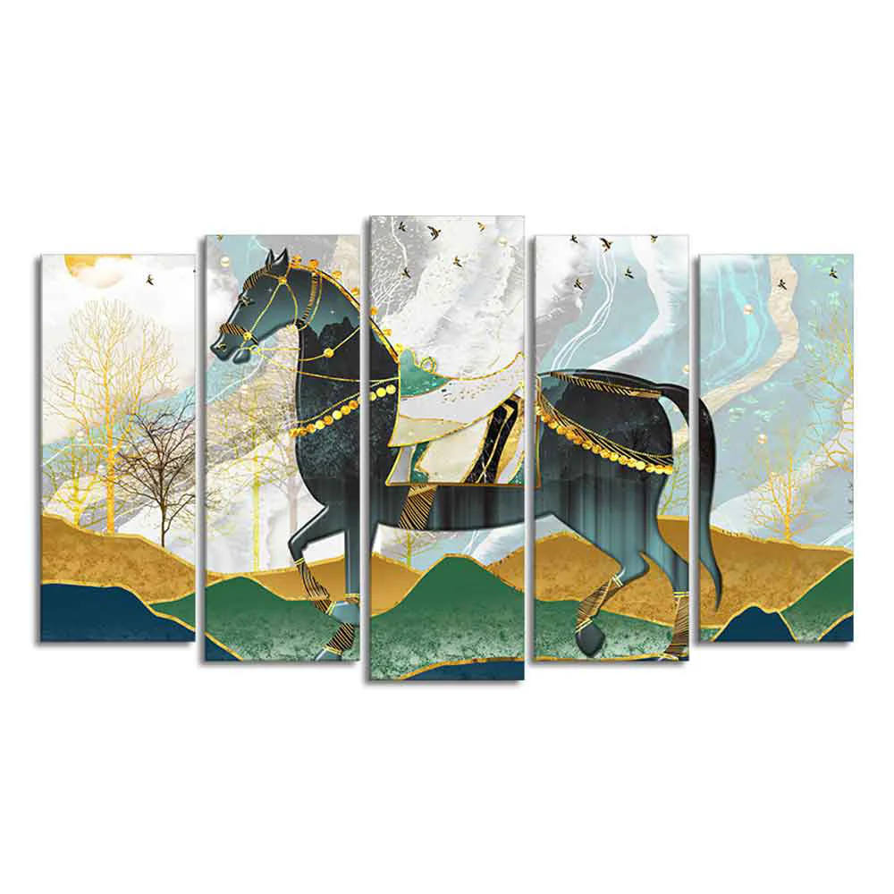 Premium Wall Painting of Horse and Golden trees of Five Pieces - Image 4