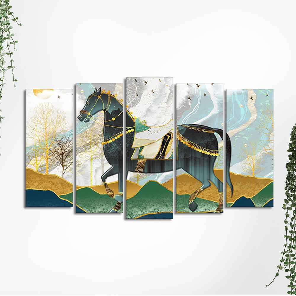 Premium Wall Painting of Horse and Golden trees of Five Pieces - Image 5