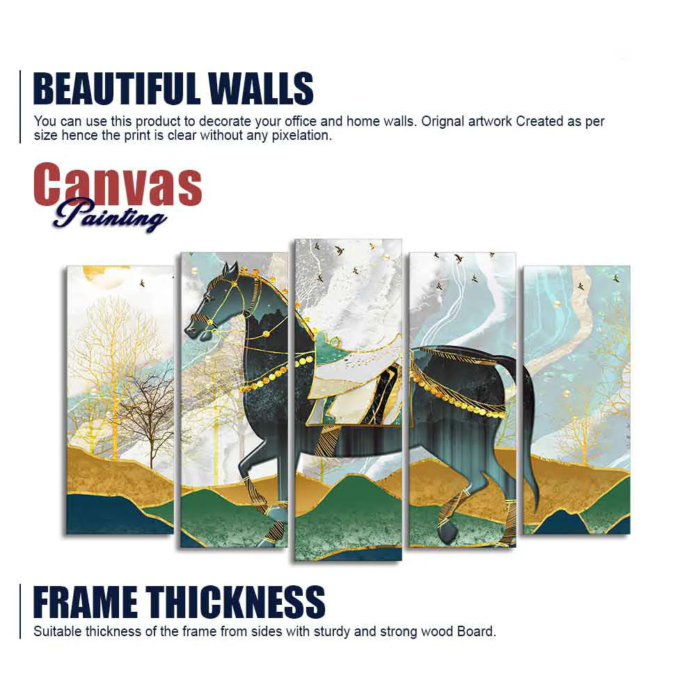 Premium Wall Painting of Horse and Golden trees of Five Pieces - Image 6
