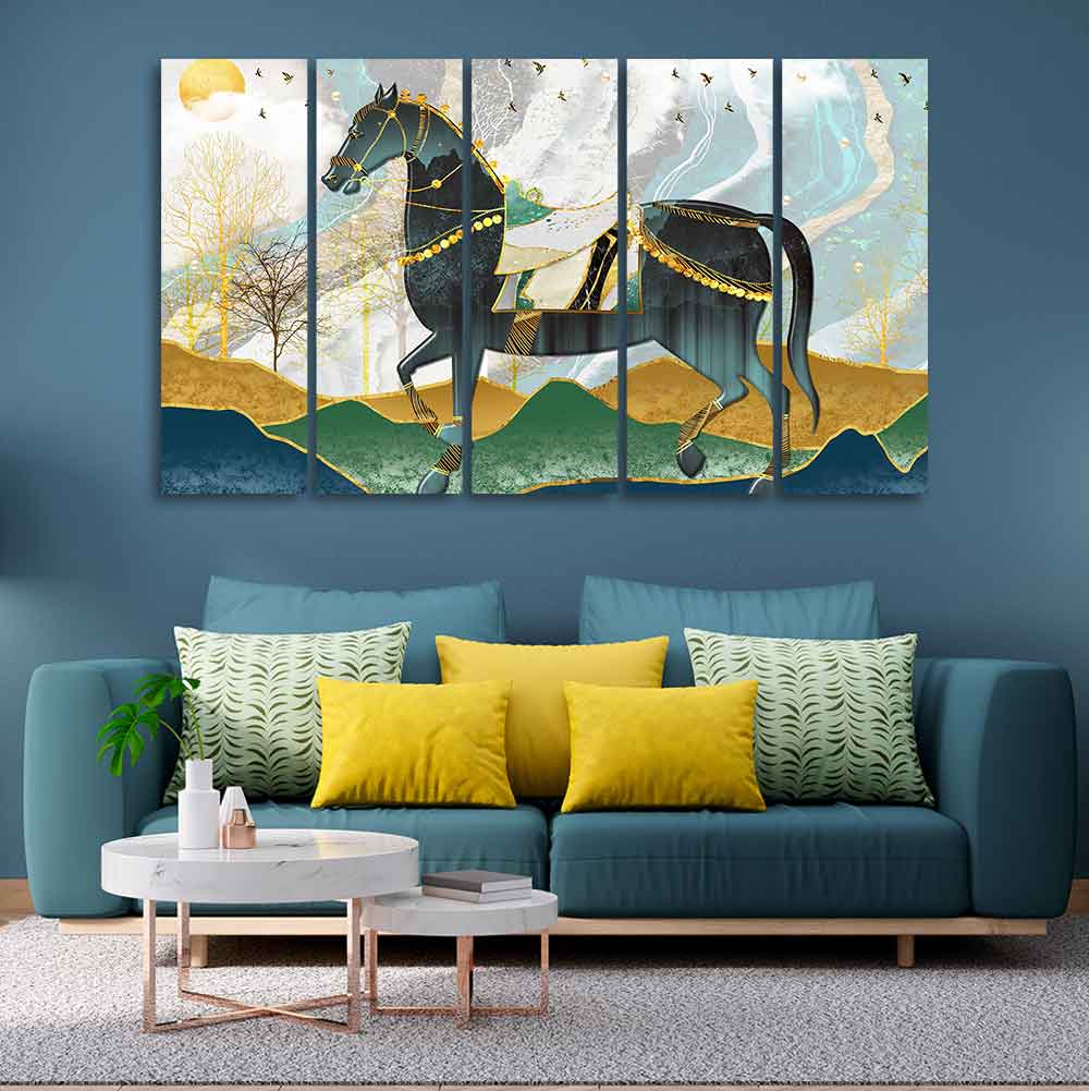 Premium Wall Painting of Horse and Golden trees with Colored Mountains of Five Pieces - Image 2