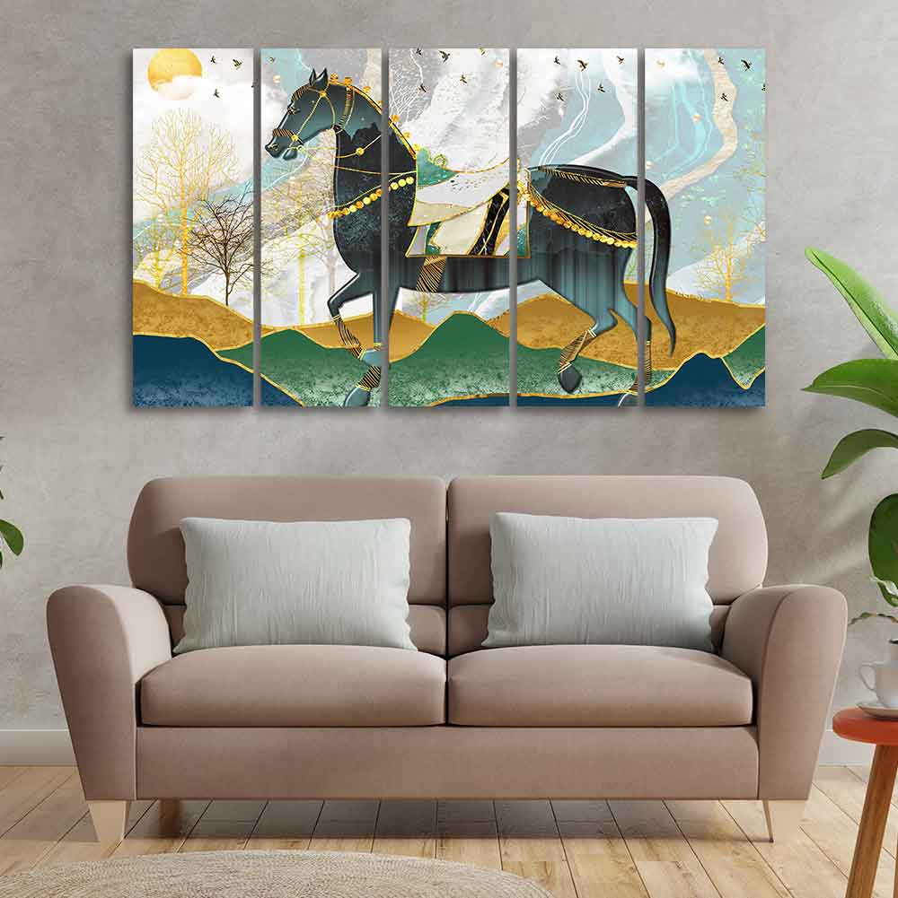 Premium Wall Painting of Horse and Golden trees with Colored Mountains of Five Pieces - Image 3