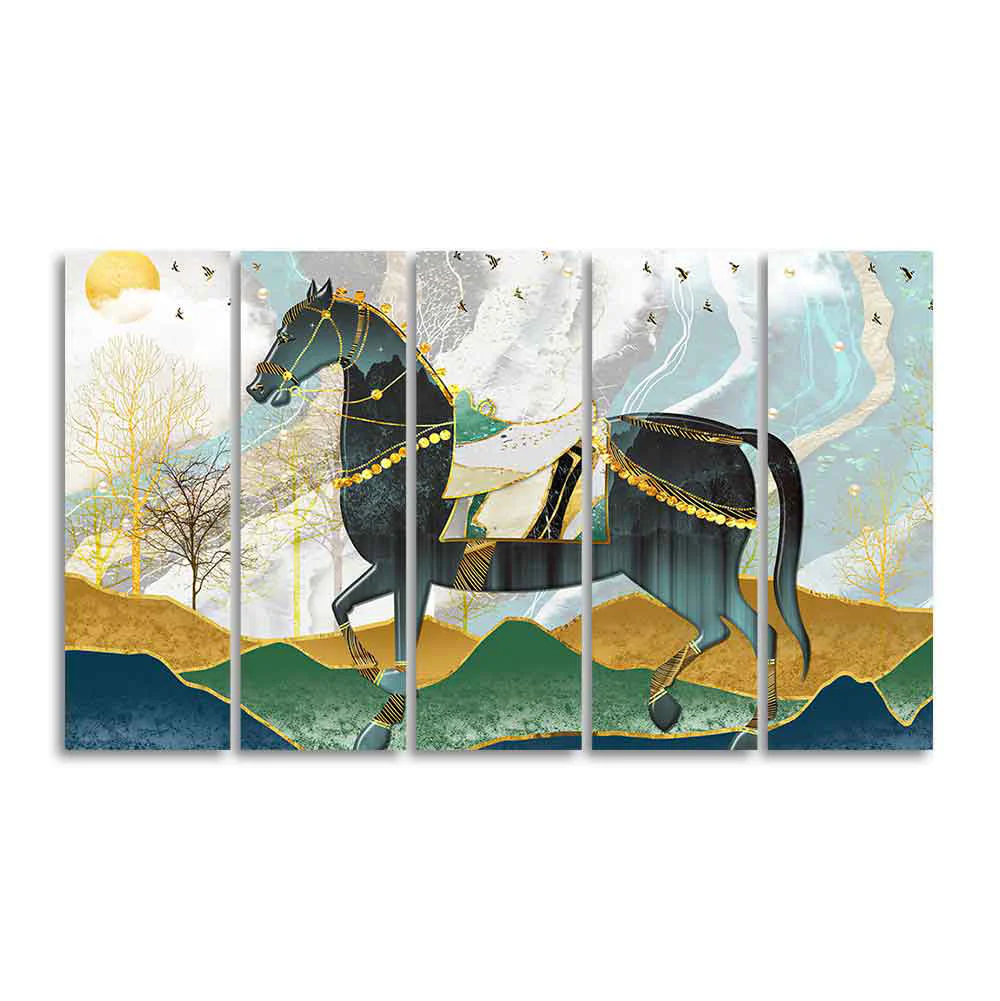 Premium Wall Painting of Horse and Golden trees with Colored Mountains of Five Pieces - Image 4