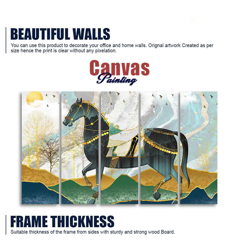 Premium Wall Painting of Horse and Golden trees with Colored Mountains of Five Pieces - Image 5