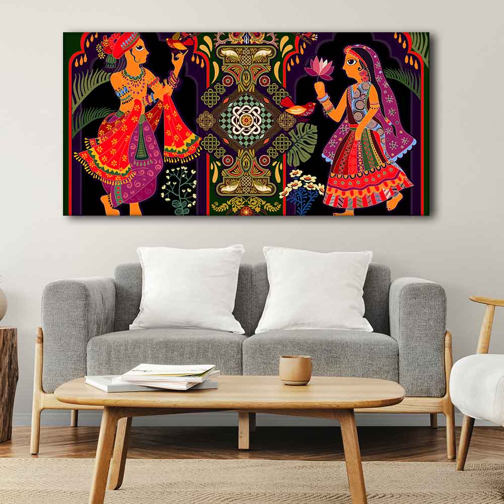 Premium Wall Painting of Man and Woman in Garden Rajasthani Pictorial Art - Image 3